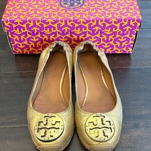 Tory Burch Gold Leather Logo Ballet Flats